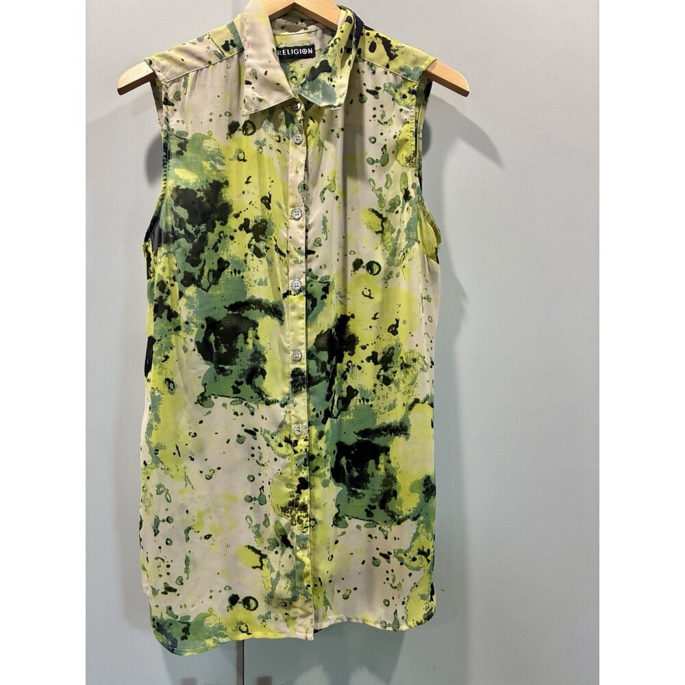 Y2K Sheer Abstract Watercolor Sleeveless Button Front Long Blouse Lime Green L
